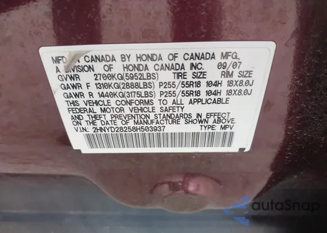 2008 Acura Mdx z USA, uszkodzony, nr VIN 2HNYD28258H503937